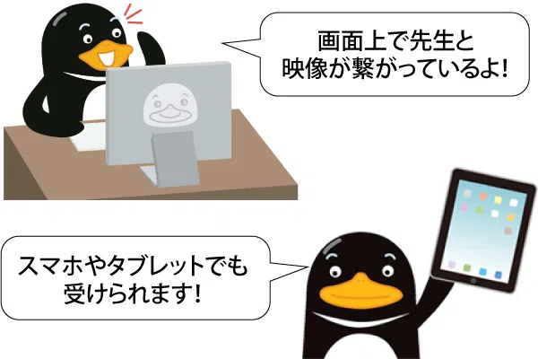 ご家庭のパソコンやタブレットなどを使って、教室と映像をつなぎます(アプリケーションは個人情報登録が不要なものを使用します)。